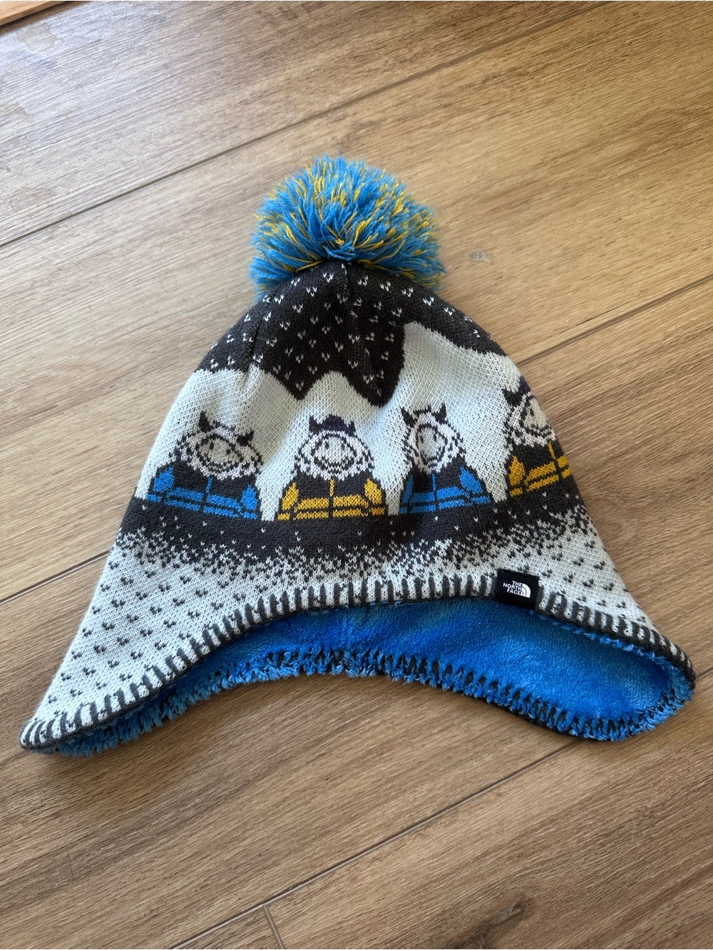 The North Face Kids Blue and Yellow Pom Earflap Beanie 4t/5t